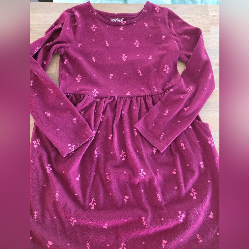 Cat & Jack Girls Burgundy Flowers Long Sleeve Dress Size 7/8 Medium EUC